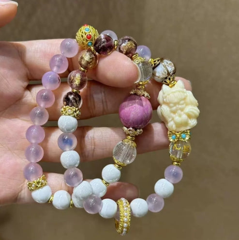Lacquer Beads Bracelet with Agate, Gold Foil Glaze, and Nine Tailed Fox Phoenix Design