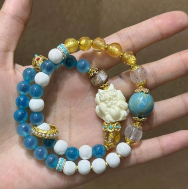 Lacquer Beads Bracelet with Agate, Gold Foil Glaze, and Nine Tailed Fox Phoenix Design