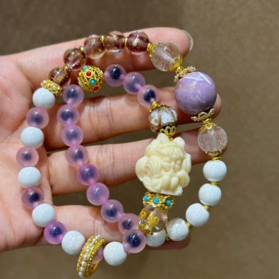 Lacquer Beads Bracelet with Agate, Gold Foil Glaze, and Nine Tailed Fox Phoenix Design