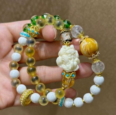 Lacquer Beads Bracelet with Agate, Gold Foil Glaze, and Nine Tailed Fox Phoenix Design