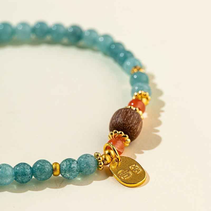 Blue Crystal Wood Gold Bracelet-Natural Energy & Handmade