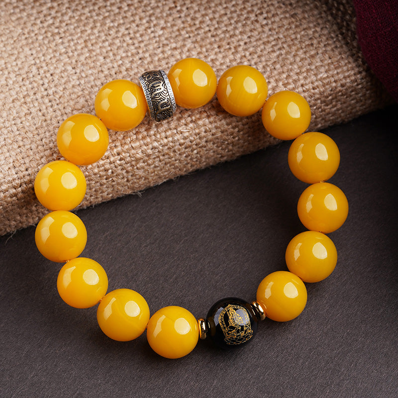 Genuine Natural Yellow Agate Bracelet with Chinese Zodiac Buddha Charms and Six-Character Mantra Beads