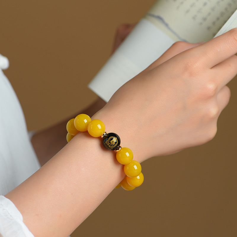 Genuine Natural Yellow Agate Bracelet with Chinese Zodiac Buddha Charms and Six-Character Mantra Beads