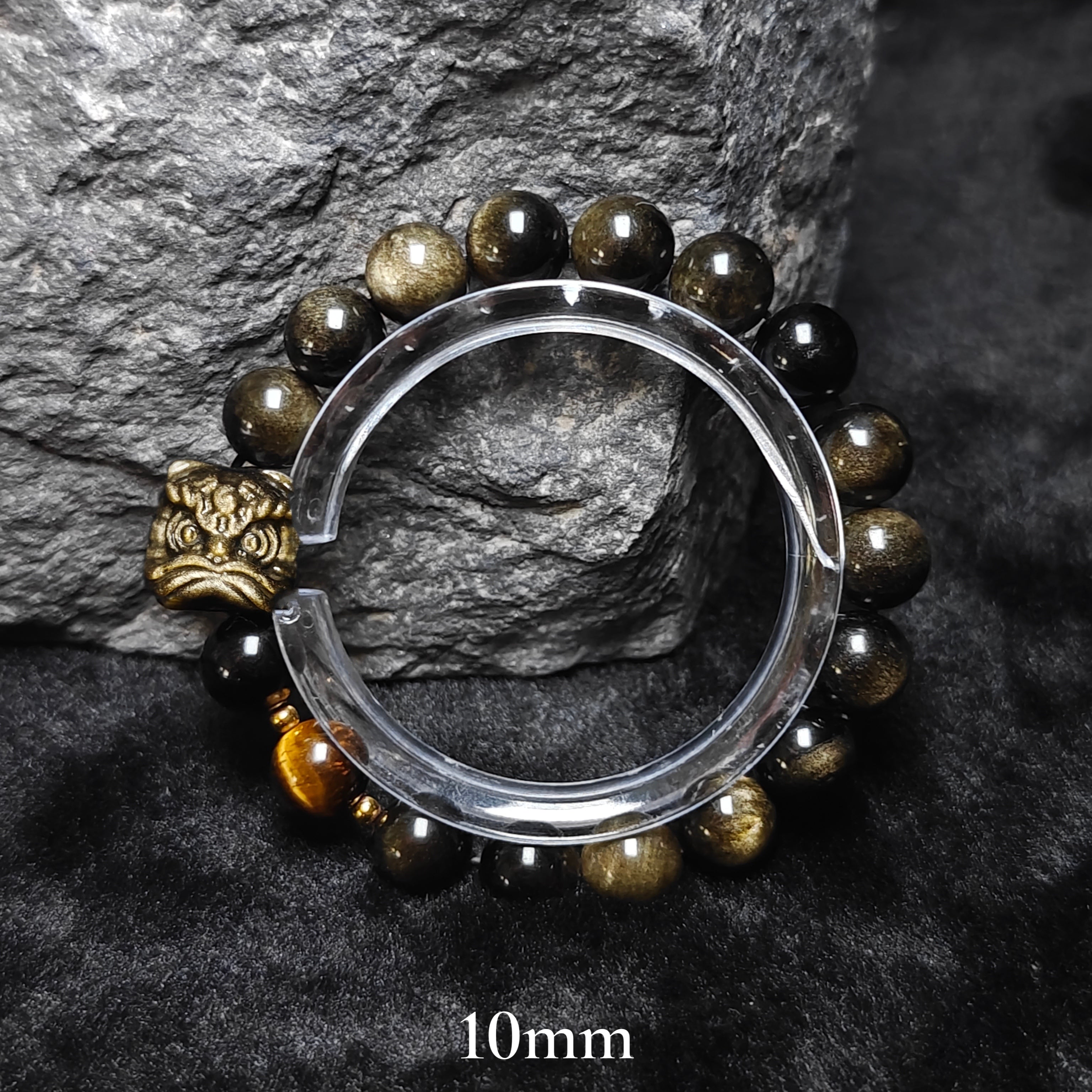 Gold and Silver Sheen Obsidian Bracelet with Lion Head and Tiger's Eye Stone - Unique Men's Jewelry