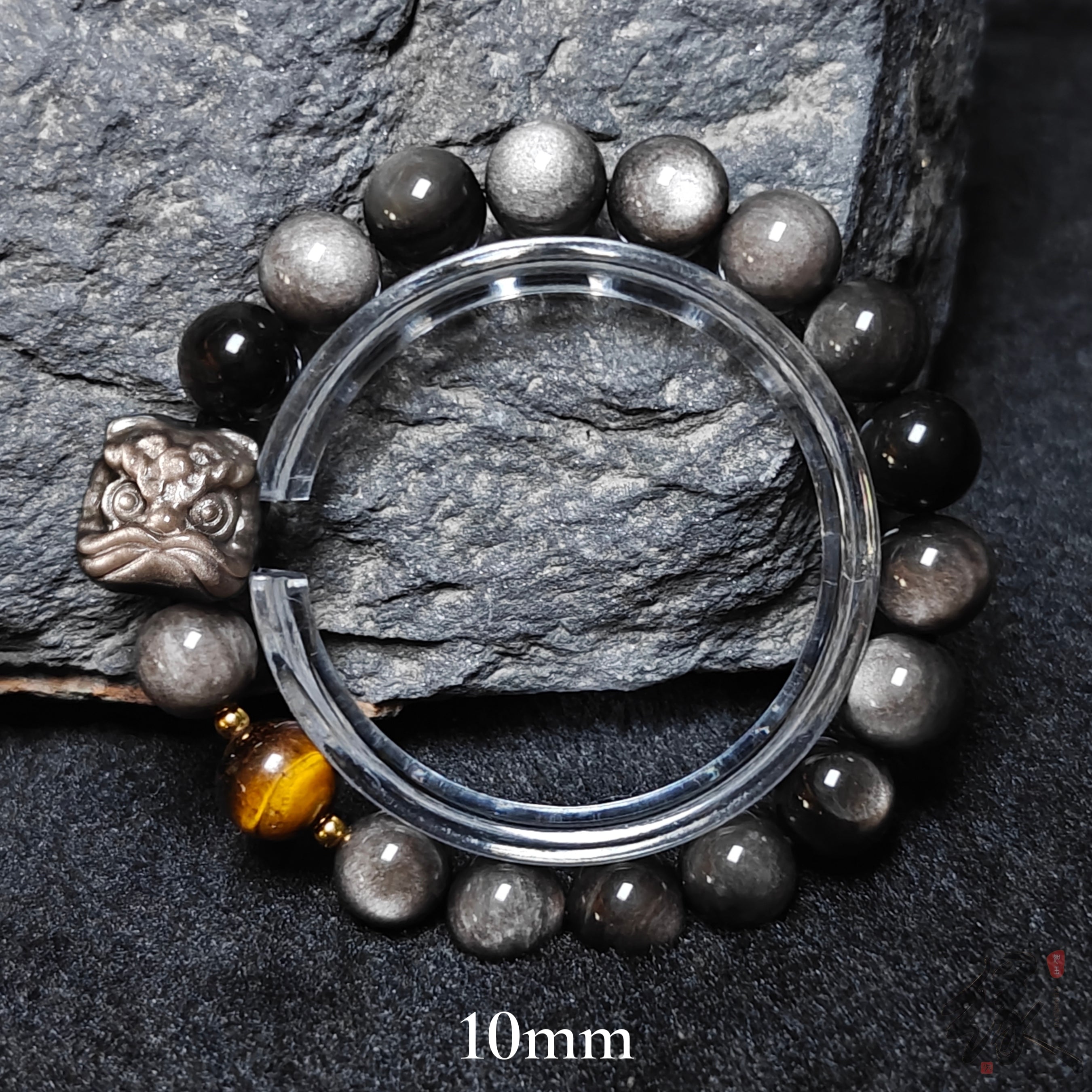 Gold and Silver Sheen Obsidian Bracelet with Lion Head and Tiger's Eye Stone - Unique Men's Jewelry