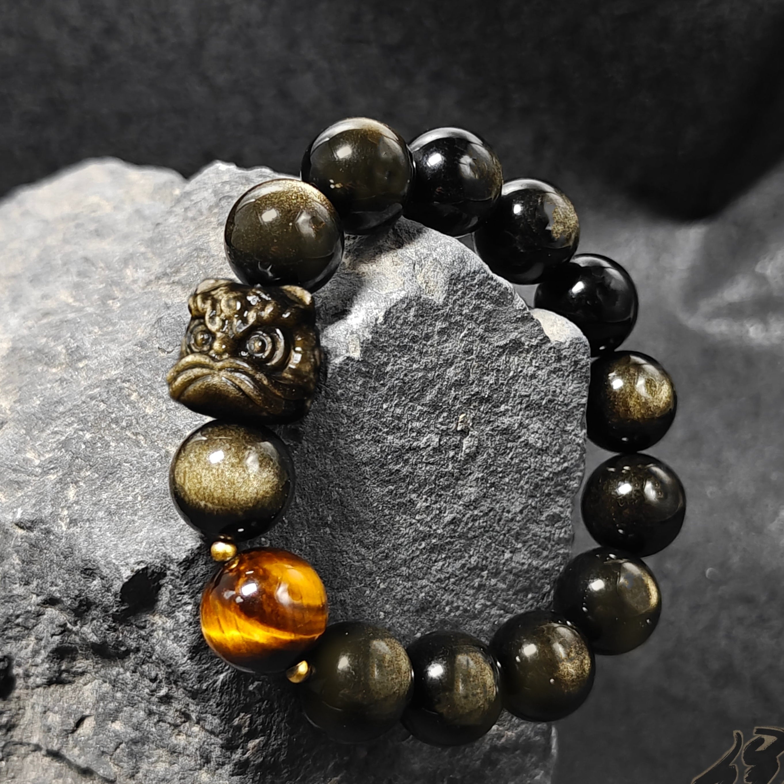 Gold and Silver Sheen Obsidian Bracelet with Lion Head and Tiger's Eye Stone - Unique Men's Jewelry