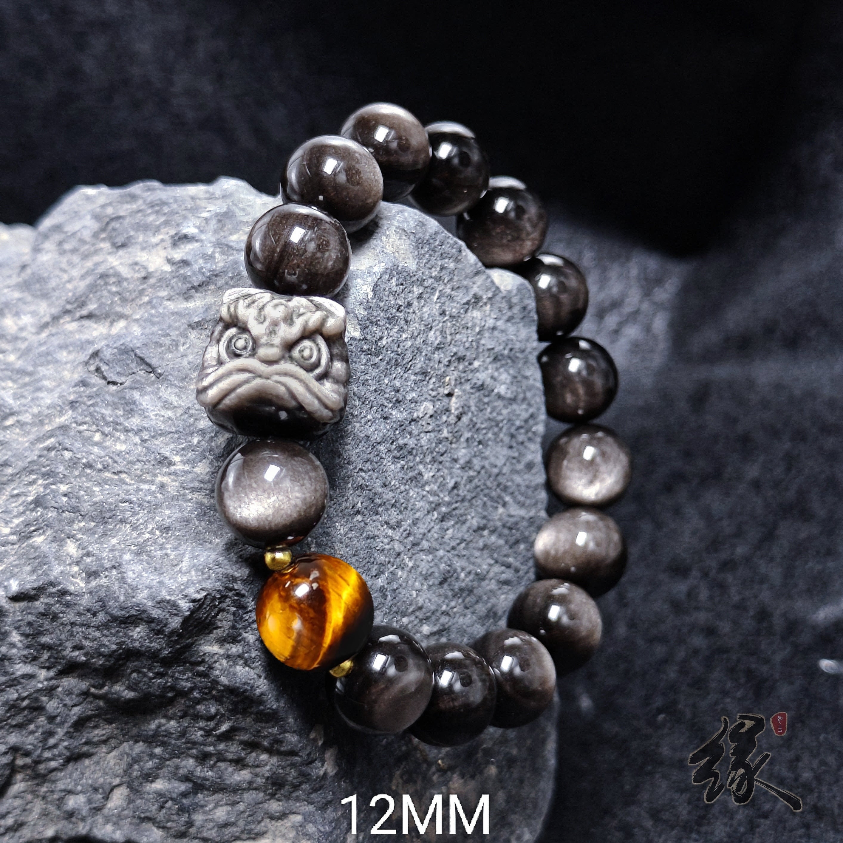 Gold and Silver Sheen Obsidian Bracelet with Lion Head and Tiger's Eye Stone - Unique Men's Jewelry