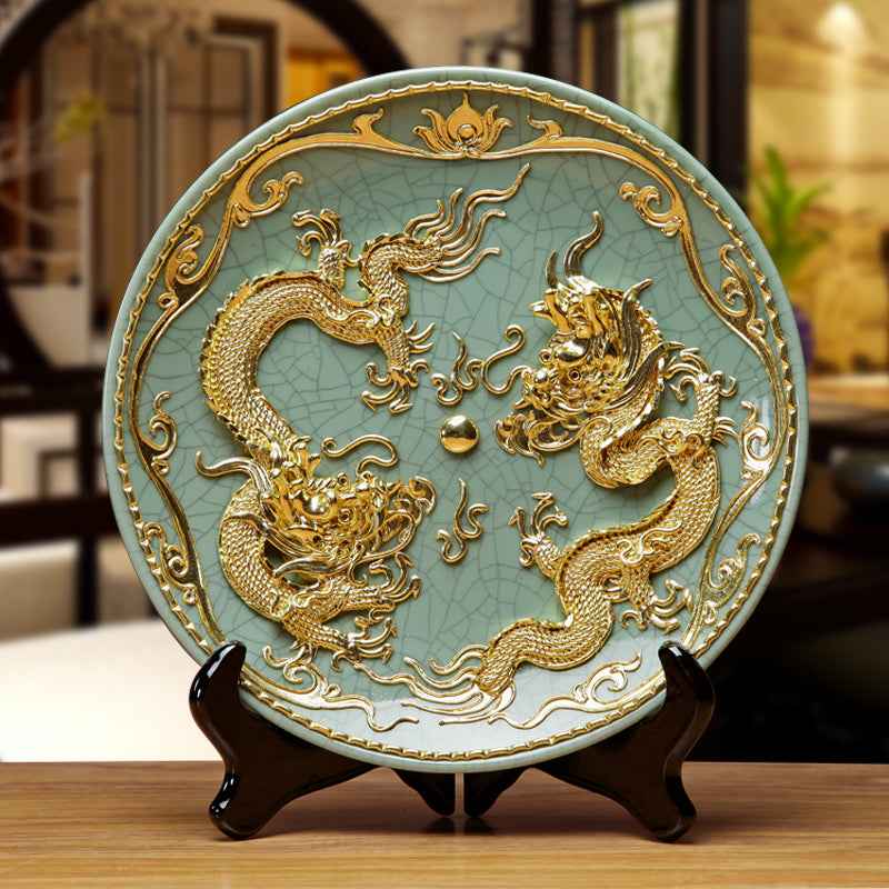 Lacquer wire carving ornament dragon and phoenix two dragons playing with beads ceramic - inviting wealth and good fortune