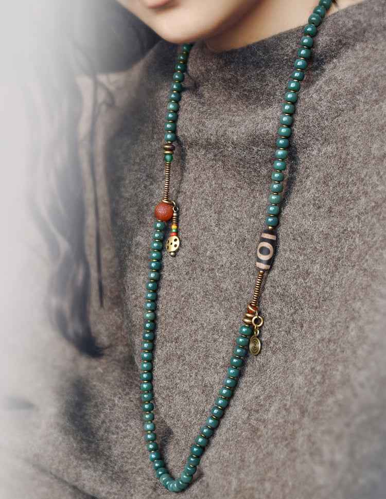 Vintage Bodhi Root and Dzi Bead Necklace - A Versatile Long - style Sweater Chain with an Artistic and Ethnic Flair