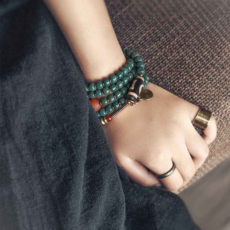 Vintage Bodhi Root and Dzi Bead Necklace - A Versatile Long - style Sweater Chain with an Artistic and Ethnic Flair