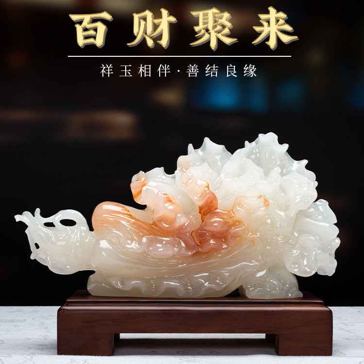 Natural Red Flower Jadeite Cabbage Sculpture - Auspicious Decor for Home & Office