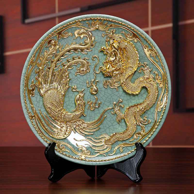Lacquer wire carving ornament dragon and phoenix two dragons playing with beads ceramic - inviting wealth and good fortune