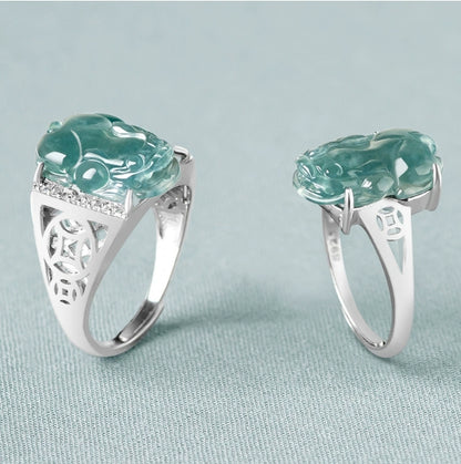 925 Sterling Silver Fortune Pixiu Jade Feng Shui Ring - Blessing to Increase Luck