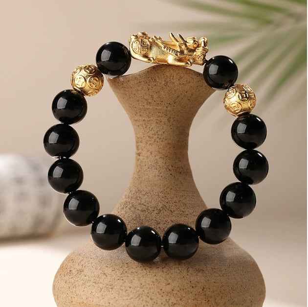 Natural black obsidian sand gold bravery bracelet money beads couple