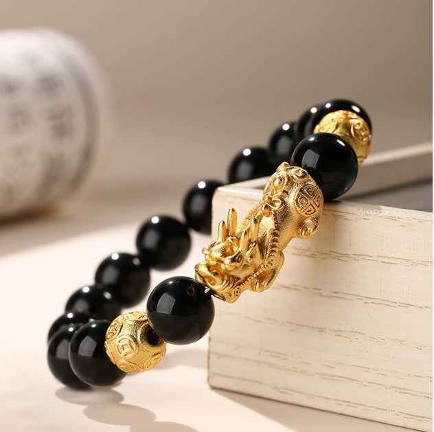 Natural black obsidian sand gold bravery bracelet money beads couple