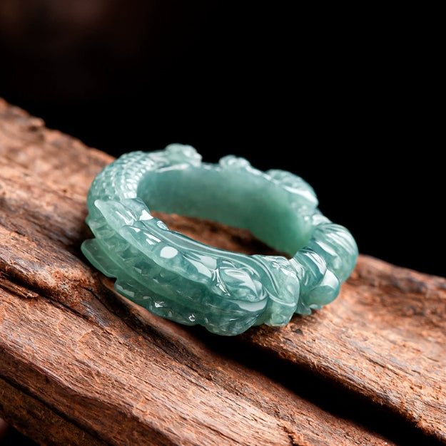 High-Grade Natural Blue Jadeite Dragon King Ring