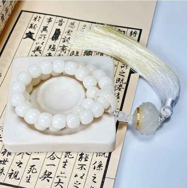 Five Elements Energy Gathering | Natural White Jade Bodhi Root Five Elements Rosary String